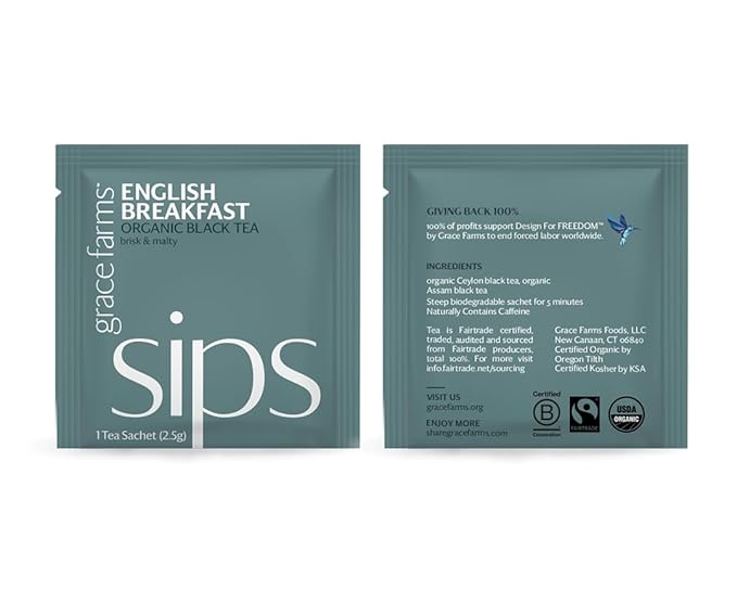 Grace Farms Organic English Breakfast Black Tea, (100 Enveloped Pyramid Sachets w/String & Tag) | Fairtrade & Kosher |Gives Back 100% of Profits