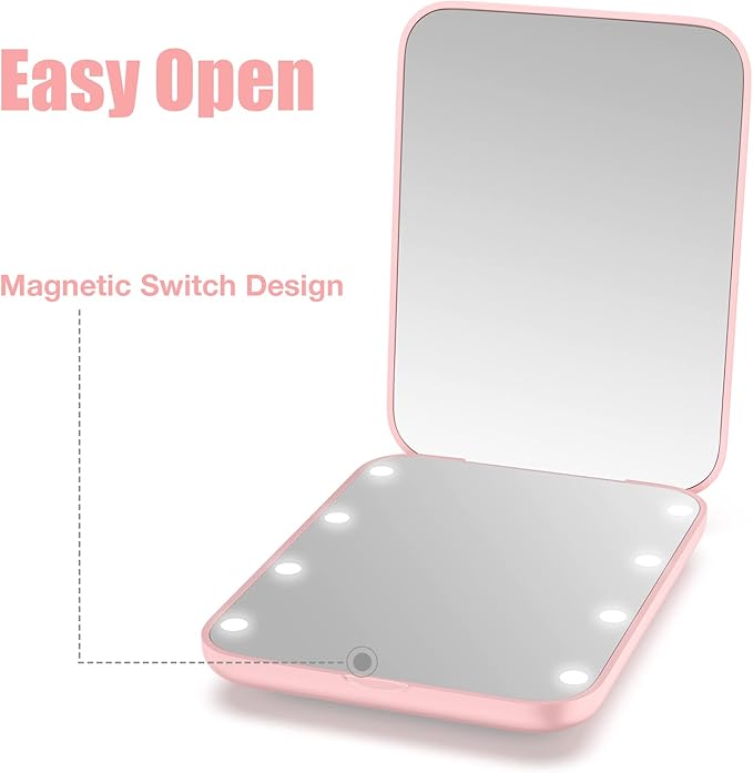 WOBSION Small Mirror with Lights,LED Compact Makeup Mirror,1x/3x Mini Travel Mirror with Magnification,Portable for Purse,Pocket,Gifts for Girls,Pink