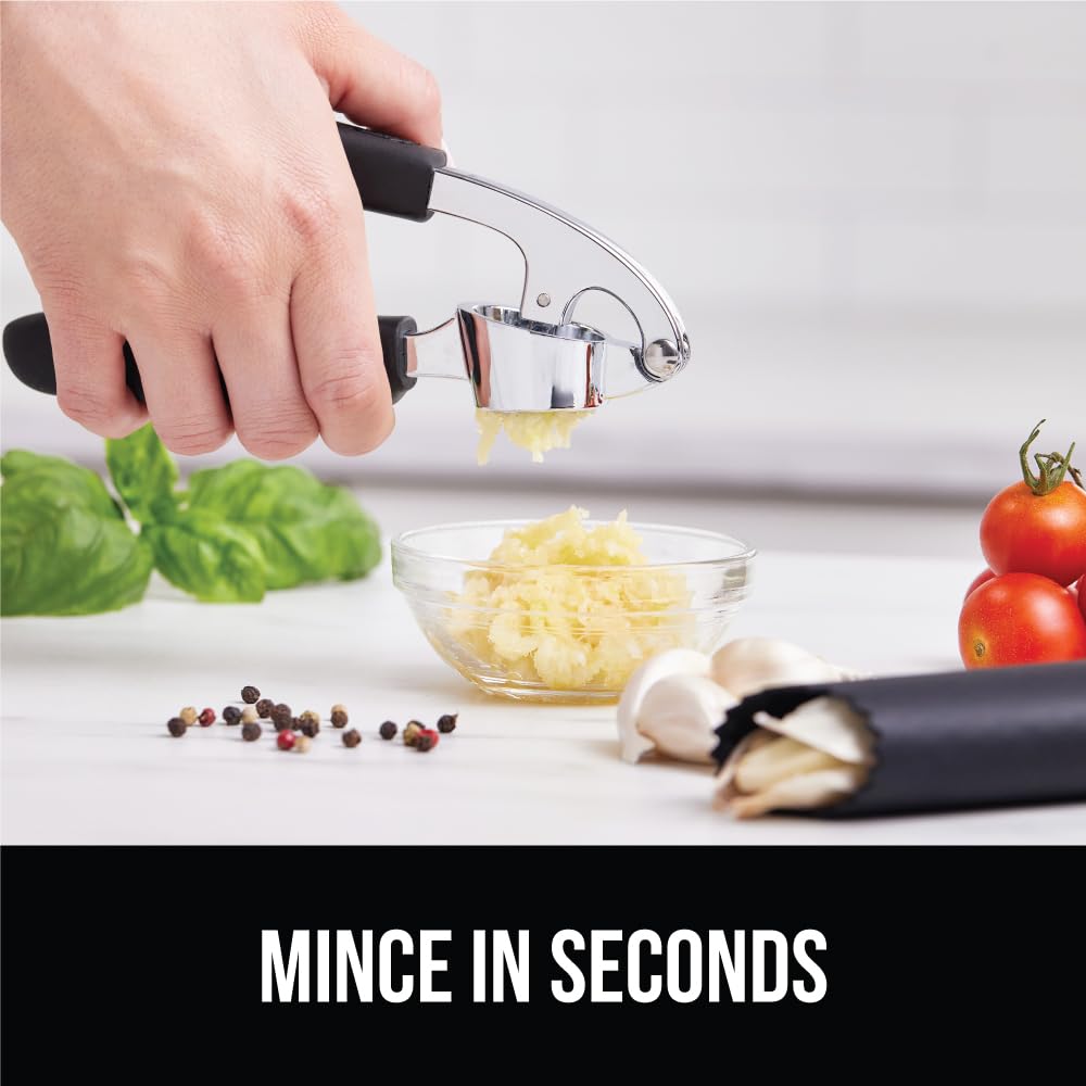 GORILLA GRIP Garlic Press and Peel Set, Heavy Duty Mincer Tool, Large Ergonomic Handle, Easily Mince and Crush Garlics, Ginger, Nuts, Seeds, Peeler Included, Peeling Cloves, Kitchen Gadgets, Black