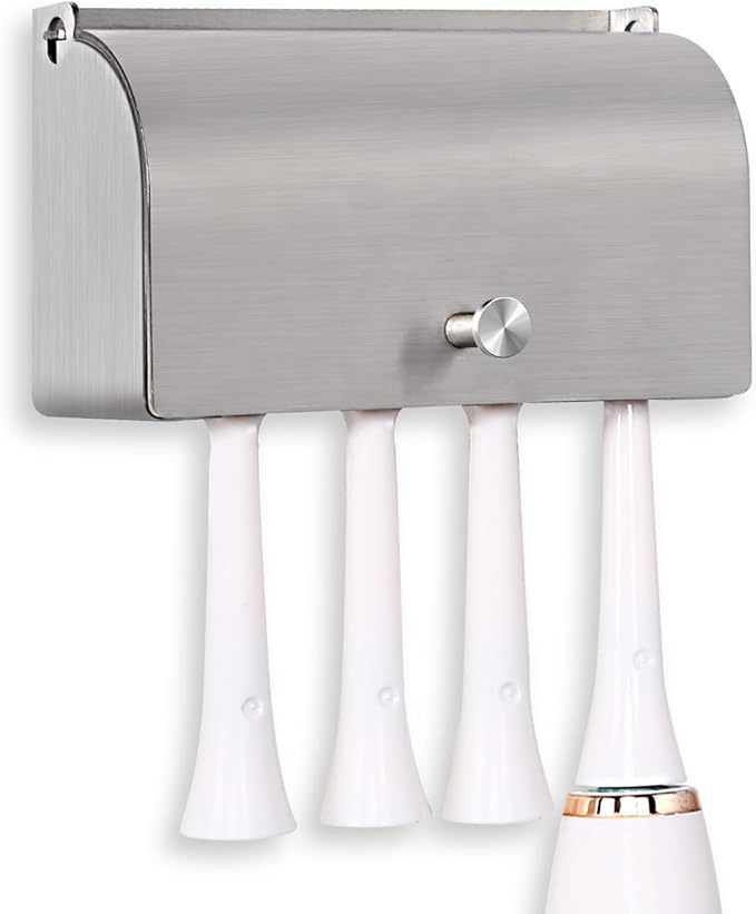 6-Slot Stainless Steel Toothbrush Holder with Cover - Wall Mounted, Dustproof, Self-Adhesive, Rustproof Bathroom Organizer for Toothbrush Storage (Silver)