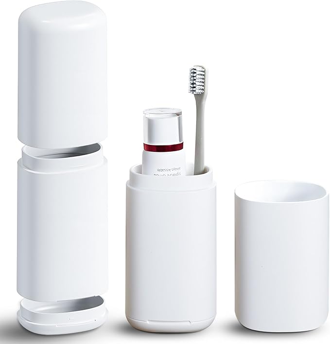 Travel Toothbrush Case with Cup, White - Toothbrush and Toothpaste Travel Case, Doubles as Dorm Toothbrush Holder, Detachable Base, Compact Toothbrush Covers for Camping, Business Trip