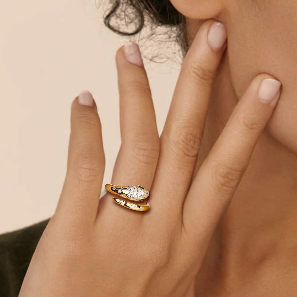 RANDES Fashion Snake Statement Ring Gold Plated Cocktail Rings for Women Sterling Silver Punk Jewelry Created Emerald Diamond Snake Rings Size 9