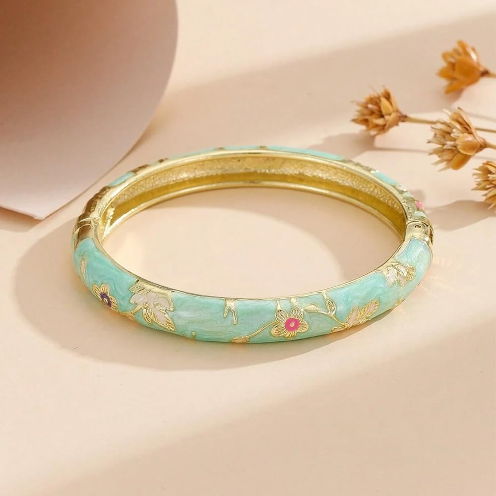 BlingNook Cloisonne Bracelet For Women, Chunky Bangle Trendy Cute Flower Enamel Bangles Multi Tone Engraved Cuff Gold Plated Bracelets Stackable Wife Jewelry Friendship Gift (White, One Size)