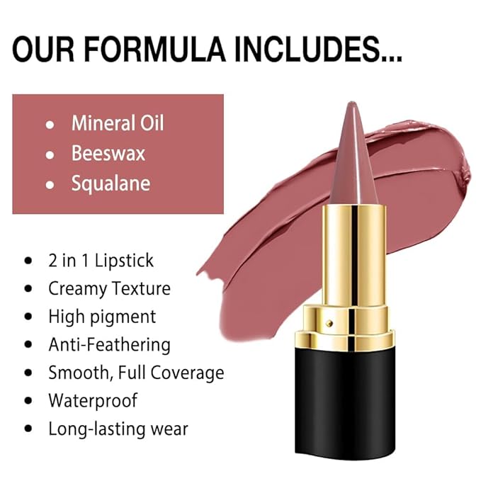 evpct Antique Rose Gradient Matte Lipstick Lip Liner Crayon Combo Pencil Set for Women Long Lasting Waterproof, Light Dusty Rose Matte Cream Lip Liner and Lipstick Combo, Flawless Gradual Ombre Effect