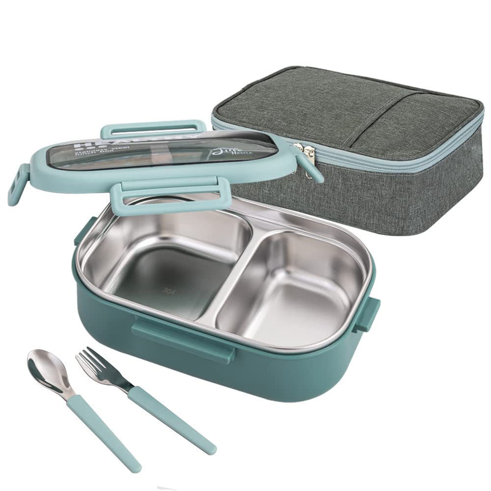 Lille Home 28oz Stainless Steel Leakproof 2-Compartment Bento Lunch Box/Portion Control Food Container with Lunch Bag and Cutlery Set, BPA Free