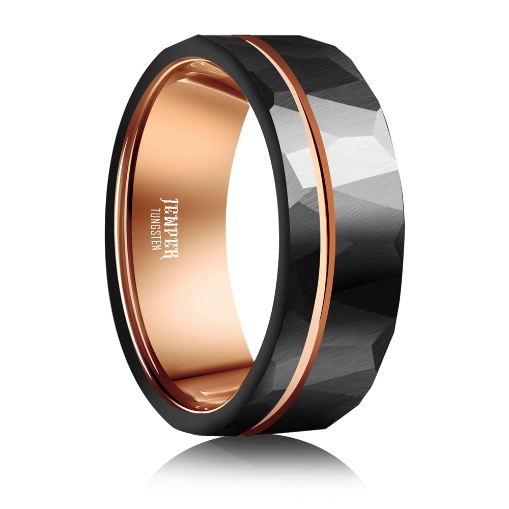 JEWPER 8mm Men Womens Wedding Band Tungsten Rings Black rose gold Fashion Promise Carbide Hammered groove design on outer ring Matte Finish Edge Comfort Fit Size(7)