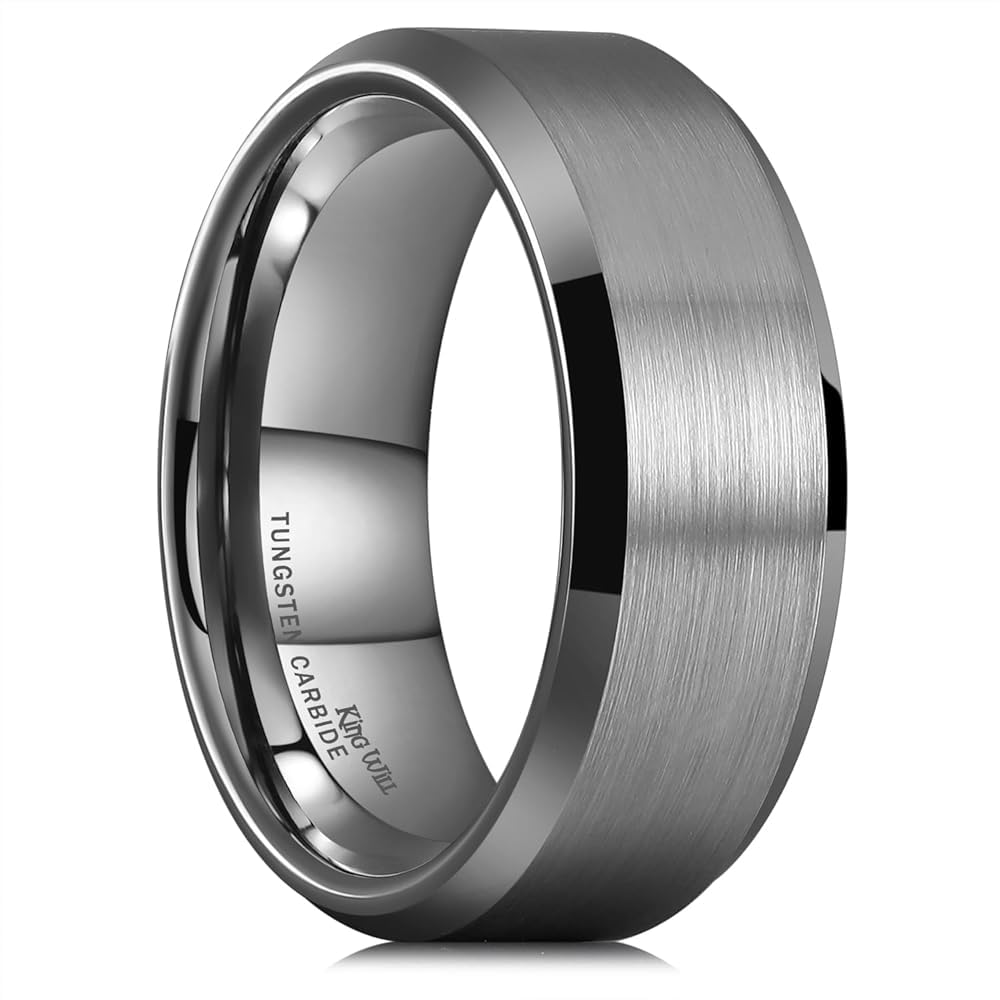 King Will Gunmetal Gray 8mm Basic Wedding Ring For Men with Brushed Matte Surface Beveled Polished Edge Comfort Fit Size 14