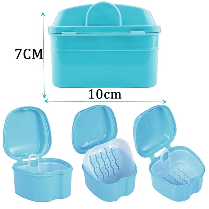 Denture Bath Box Cup, Complete Clean Care for Dentures, Clear Braces, Mouth Guard, Night Guard & Retainers,Traveling (Blue & White)
