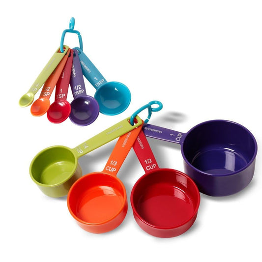 Farberware Kitchen Basics Measuring Set Colorful Nesting Stackable Cups & Spoons with Ring Organizer, Easy-Read Markings for Cooking & Baking, Durable Plastic Kitchen Tools (Primary)