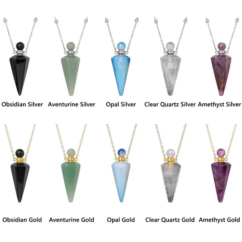 925 Sterling Silver Essential Oil Necklace For Women And Men, Natural Crystal Stone Cone Shape Pendant Necklace Healing Perfume Bottle Necklace Essential Oil Pendant Necklace (1 - Essential Oil Necklace)