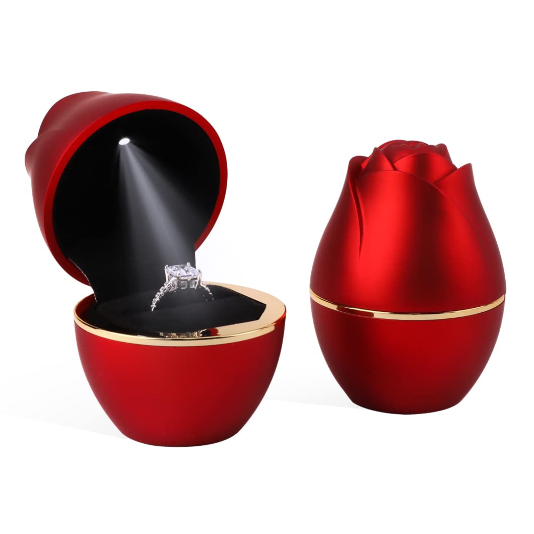 Rolin Roly Red Ring Box with LED Light Rose Jewelry Ring Case Jewellry Display Gift Boxes for Mother's Day Wedding Ring Box Ceremony Engagement Proposal Anniversary