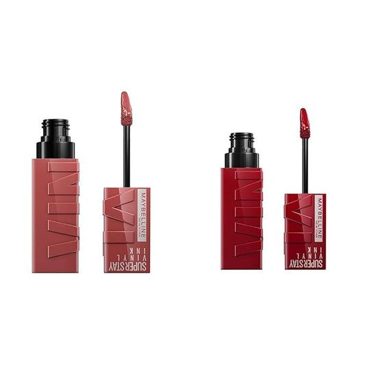 MAYBELLINE Super Stay Vinyl Ink Longwear No-Budge Liquid Lipcolor Makeup Bundle with Cranberry Red 0.14 fl oz and Pink 0.14 fl oz