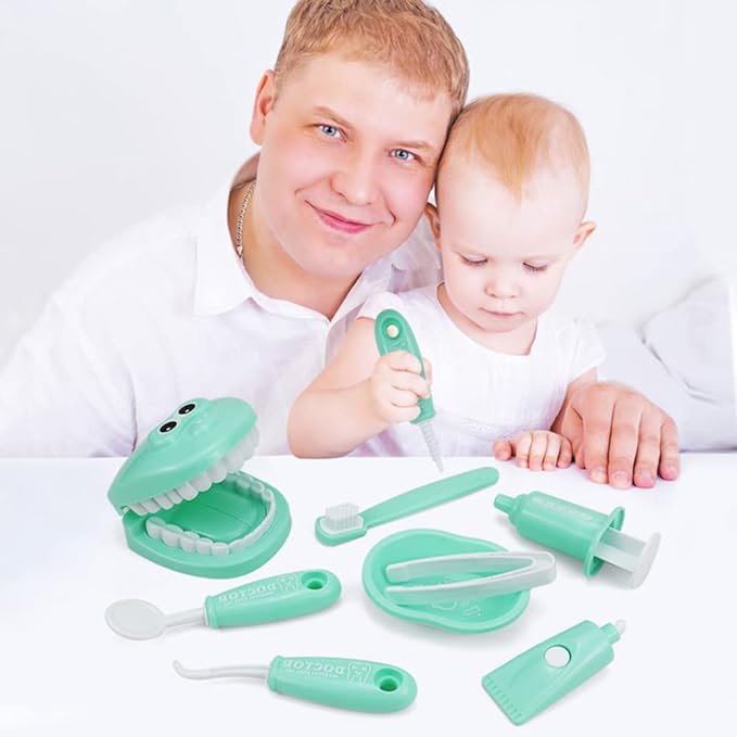 9PCS Plastic Simulation Dentist Play Set Medical Kit Pretend Toy for Kids Hygienic Habbit Cultivation Role Play Game for Children 6 Colors (Purple/Pink/Yellow/Green) Simple OPP Bag Packaging (Green)