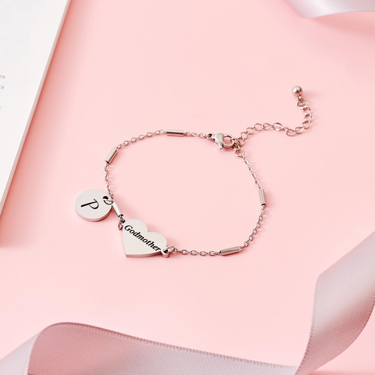CHENVA Godmother Gifts Initial Bracelet Bangle for Women Gift for Godmother from Goddaughter (Godmother Bracelet P)