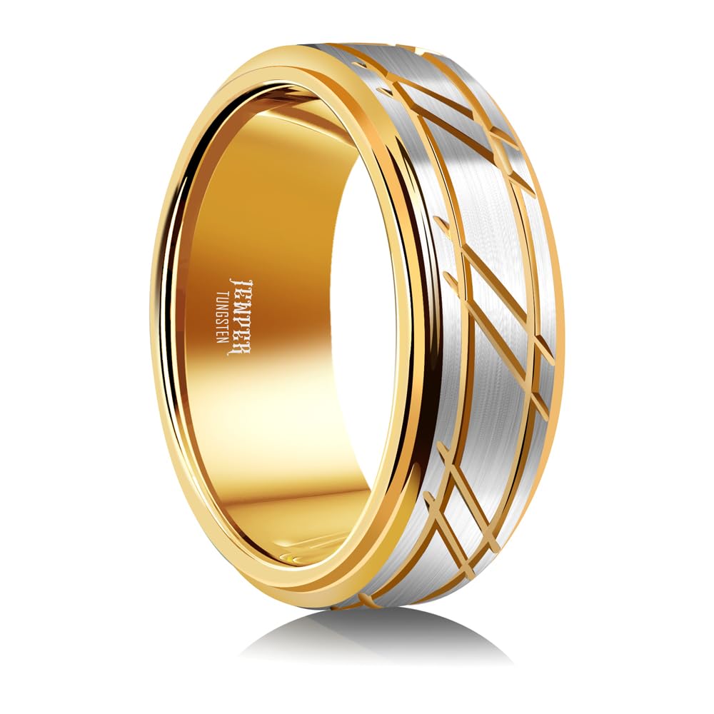 JEWPER 8mm Men Womens Wedding Band Tungsten Rings Gold Fashion Promise Carbide Silver brushed groove design on the outer ring Matte Finish Edge Comfort Fit size(11)