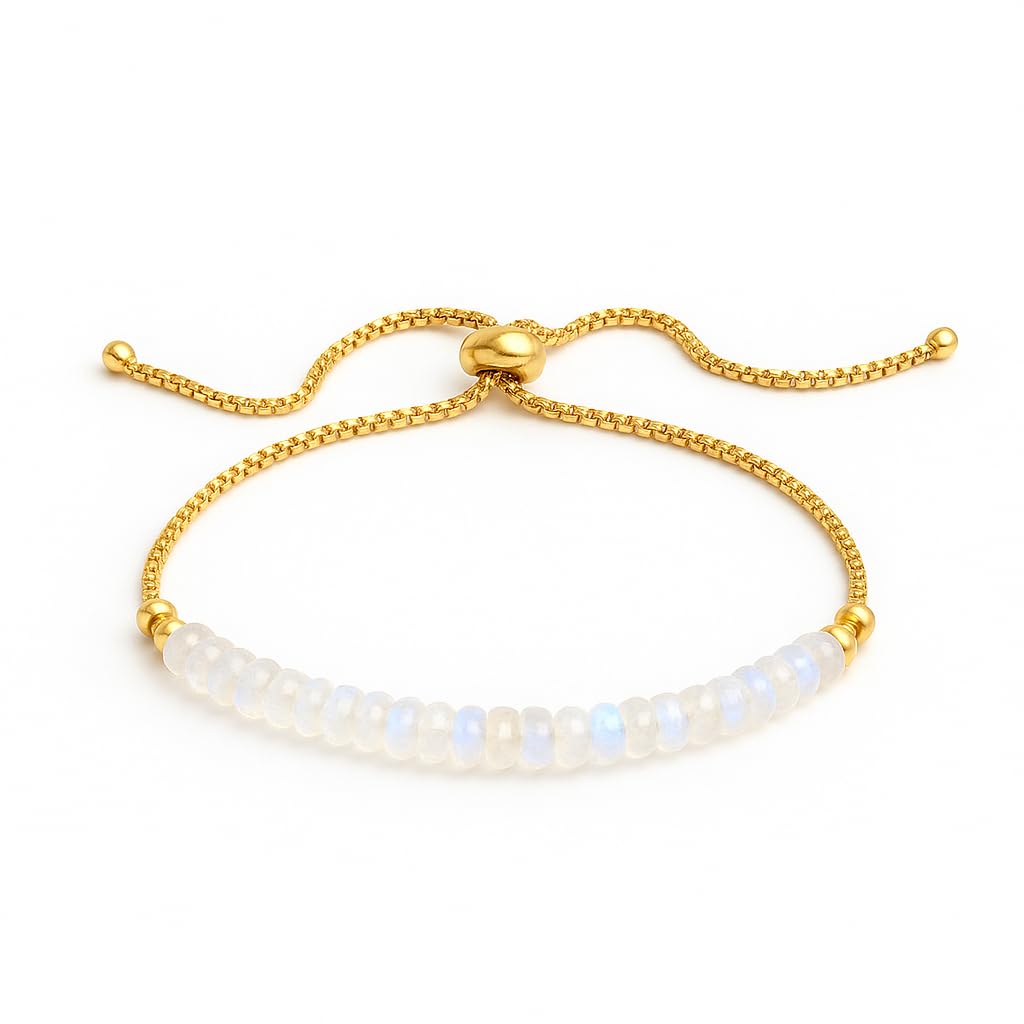 Gempires Moonstone Bracelet for Women, Birthstone Beaded Bracelet, June Birthstone, Bolo Beads Bracelet, New Beginning, Gold Plated Chain Unique Gifts for Her