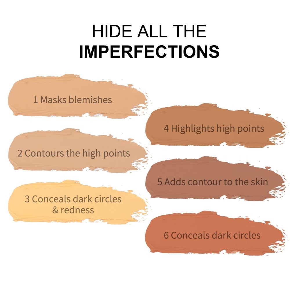 Corlo Cream Contour Palette, 6 Colors Concealer Correct Full Coverage Foundation Palette for Dark Circles Makeup (Light)