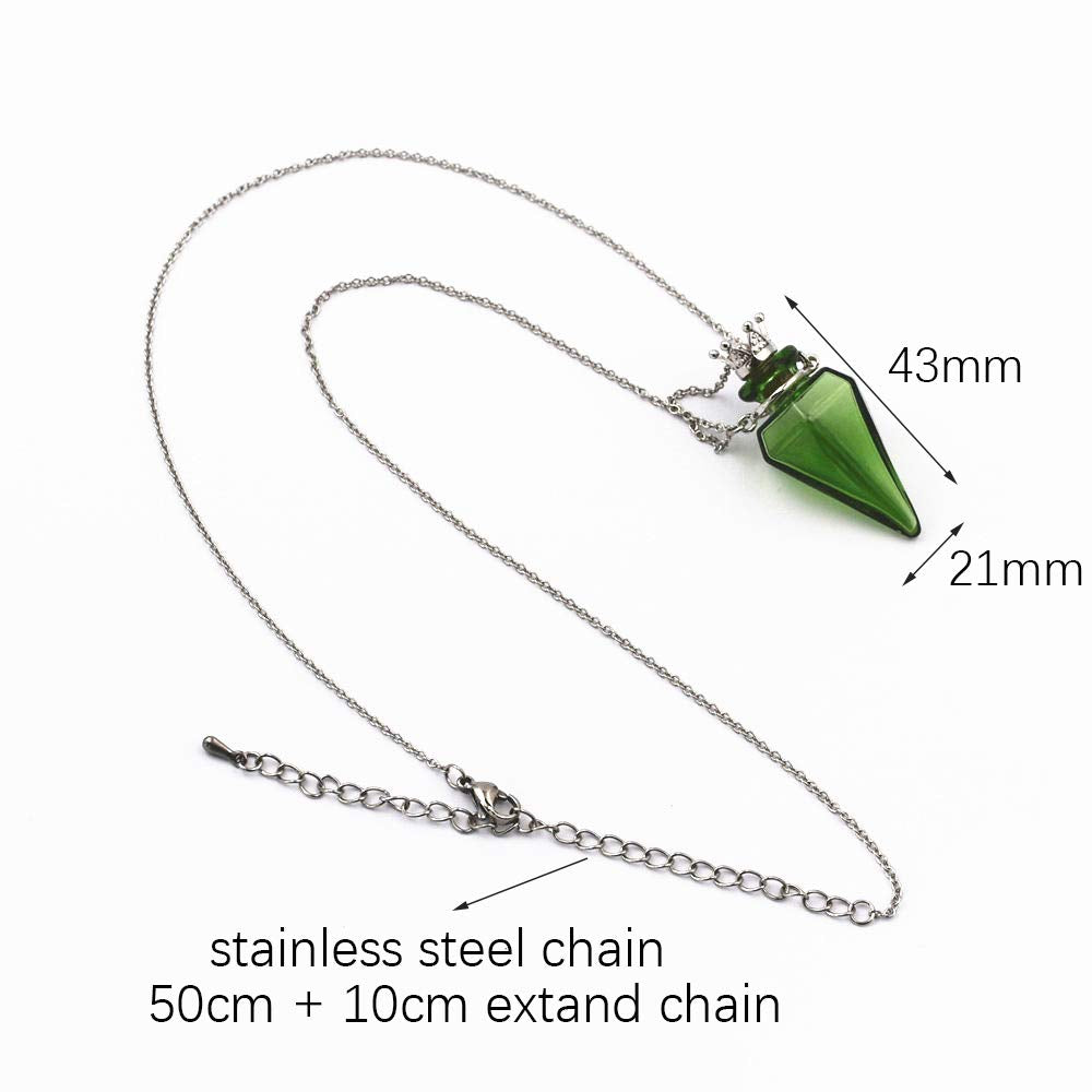 Colored glass Pendant Necklace Aromatherapy Perfume bottle necklace 50cm Stainless steel chain (Green)