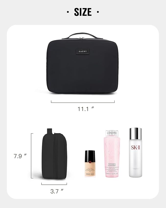 EACHY Travel Toiletry Bag with Hanging Hook, Portable Makeup Cosmetic Bags for Women, Water-Resistant Full-Size Travel Accessories (Black)