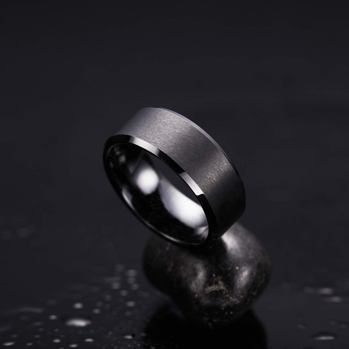 King Will 9mm Men's Black Wedding Ring - Brushed Matte Surface, Beveled Polished Edge, Comfort Fit Size 6