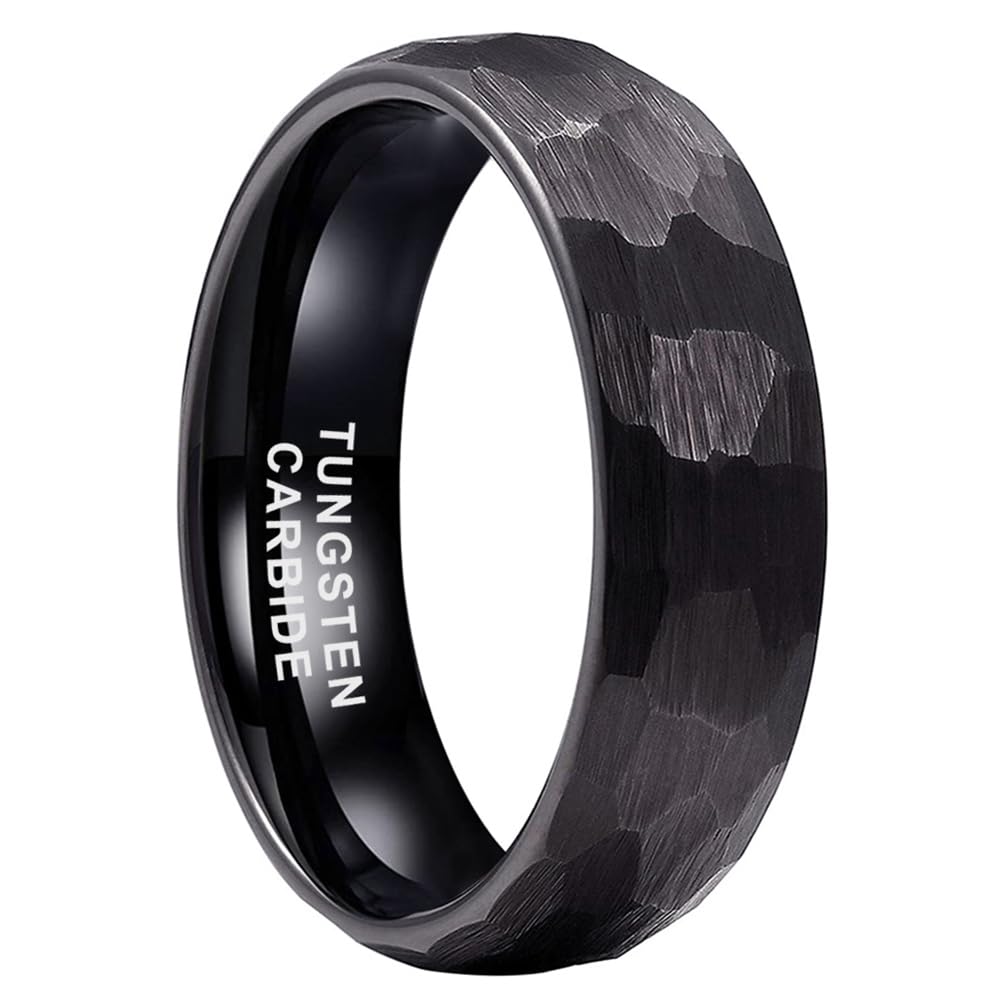 TUTISS 6mm Black Hammered Tungsten Rings for Men Women Fashion Engagement Wedding Bands Domed Matte Finish Comfort Fit Size 9