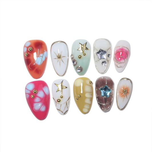 10Pcs Short Almond Handmade Press On Nails | Easy Apply & Remove, Reusable Salon Quality Nails | Colorful Y2K Fake Nails with 3D Star, Gold Accents & Rhinestone (RR06,M)