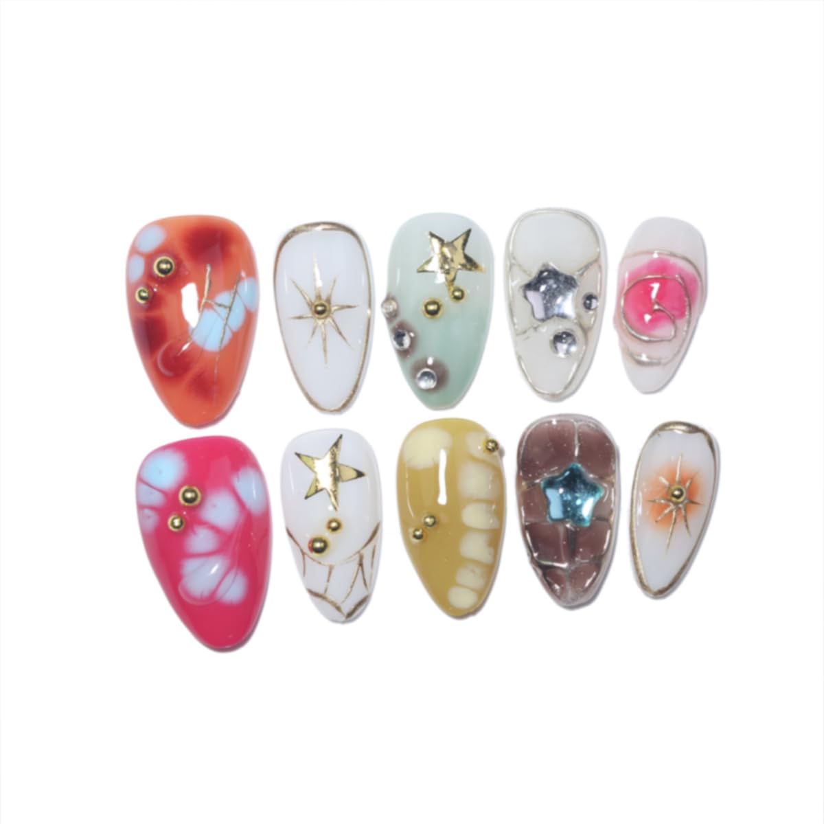 10Pcs Short Almond Handmade Press On Nails | Easy Apply & Remove, Reusable Salon Quality Nails | Colorful Y2K Fake Nails with 3D Star, Gold Accents & Rhinestone (RR06, XS)