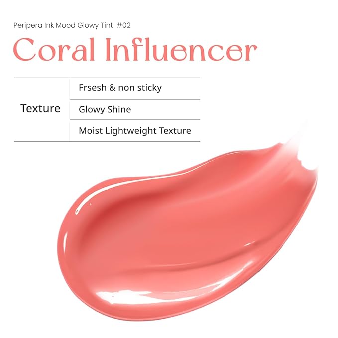 Peripera Ink Mood Glowy Tint | Lip-Plumping, Naturally Moisturizing, Lightweight, Glow-Boosting, Long-Lasting, Comfortable, Non-Sticky, No White Film (02 CORAL INFLUENCER)