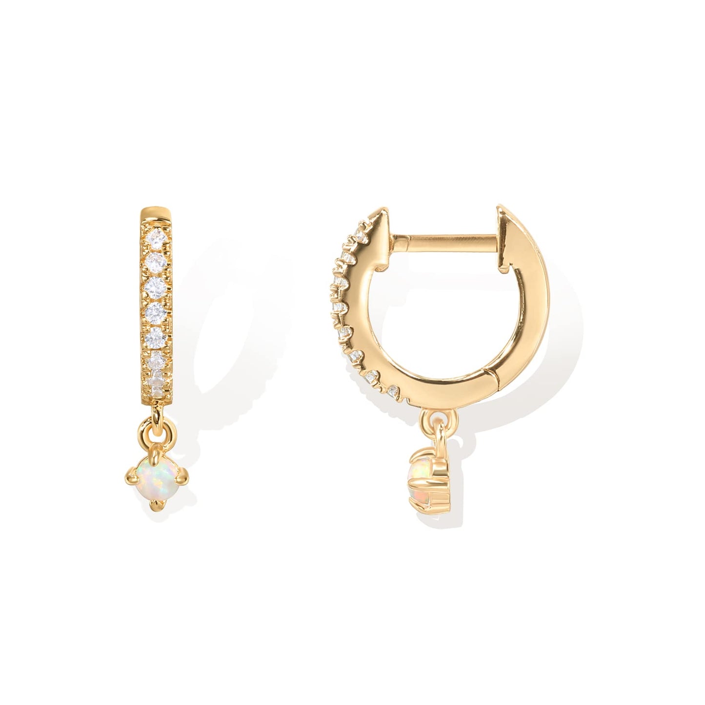 PAVOI 14K Gold Plated 925 Sterling Silver Post Huggie With Dangle | Small Gold Hinged Hoop Earrings For Women | Trendy Hoop CZ Huggie Earrings (Opal, Yellow)