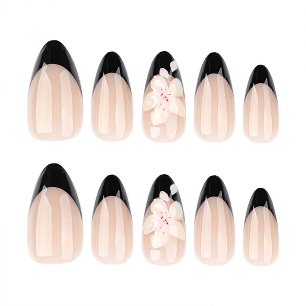 Black French Tip Almond Press On Nails with Glue, Glossy Acrylic Fake Nails with 3D Flower Accent, Medium Stick On False Nails for Women, Reusable Artificial Nails, 24 Pieces Set