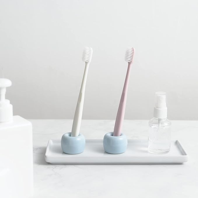 Mini Ceramic Couple Toothbrush Holder, Hand-Made Bathroom Toothbrush Holder, Electric Toothbrush Head Holder and Office Pen Holder 2-Piece Set (Blue)