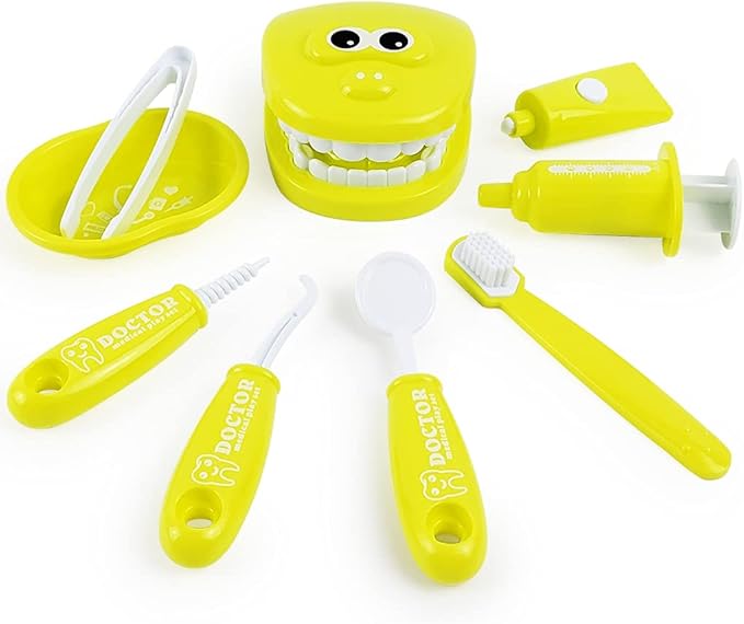 Bundle 19PCS = 9PCS Plastic Simulation Dentist Play Set （Yellow） + 10PCS Plastic Dinosaur Simulation Dentist Play Set (Green)