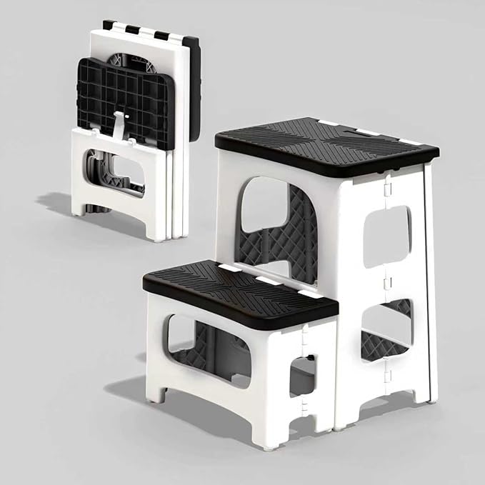 2 Step Stool Foldable, Non-Slip Steps, Folding Step Stool for Adults & Kids, Plastic Stool Pool Ladder, Collapsible Stools 2 Step Ladder for Kitchen Toilet Bedroom Office RV, Holds 330 lbs