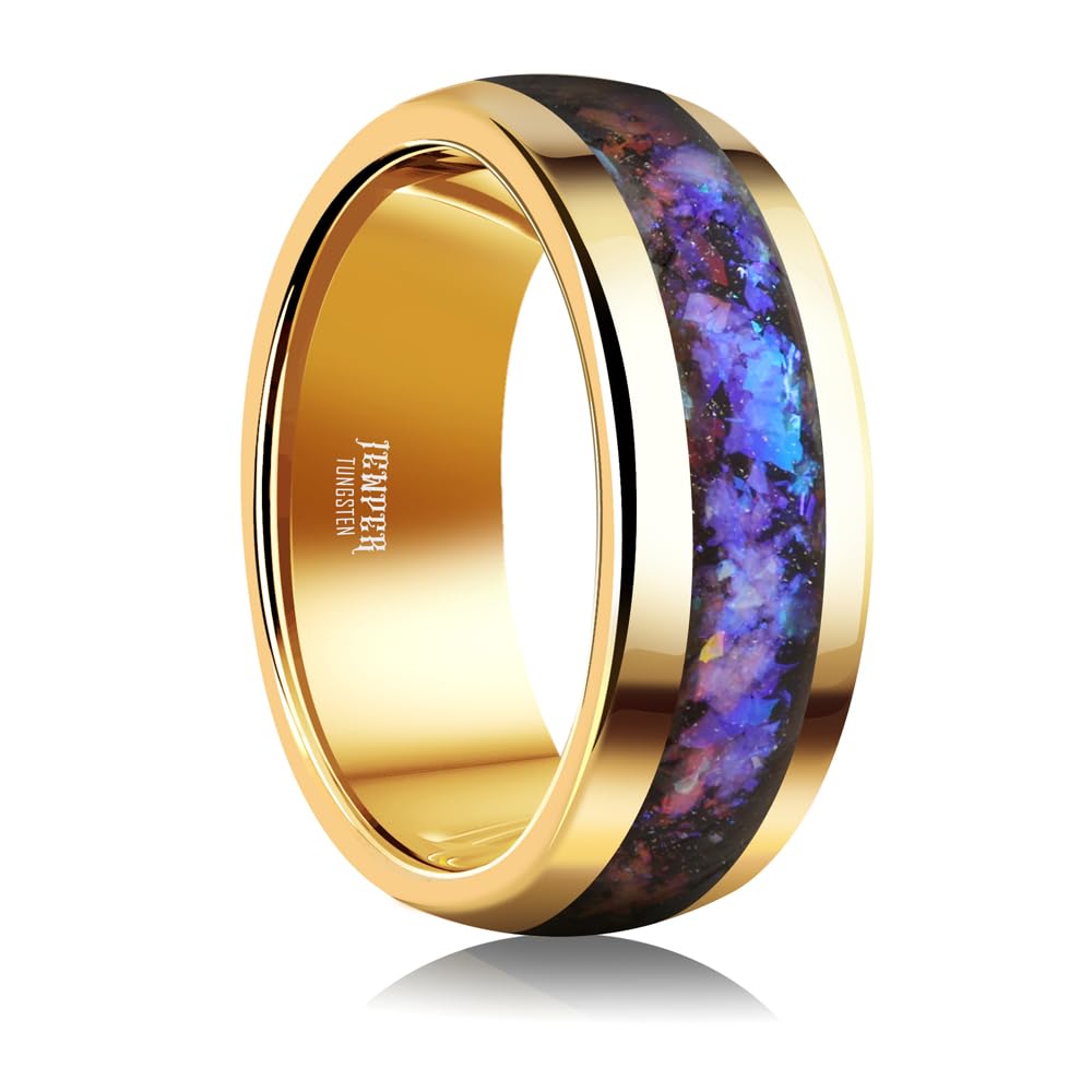 JEWPER 8mm Men Womens Wedding Band Tungsten Rings Gold Fashion Promise Carbide Inlaid Galaxy Sandstone Matte Finish Edge Comfort Fit Size(6)