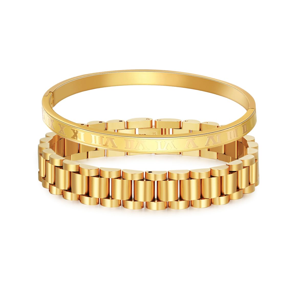 Jarlinwel Gold Silver Plated Bracelets for Men Women Roman Numeral Bangle Bracelet Stainless Steel Personalized Engraved Unisex Gift (2 Pcs Women Gold Strap Bracelet)