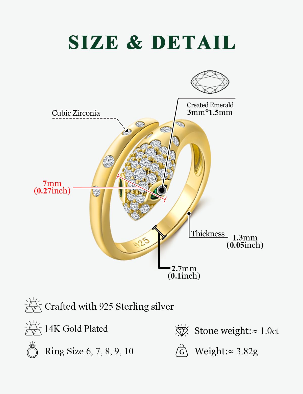 RANDES 14K Gold Plated Fashion Snake Statement Adjustable Ring Sterling Silver Cocktail Punk Jewelry Emerald Cz Snake Rings for Women Size 6