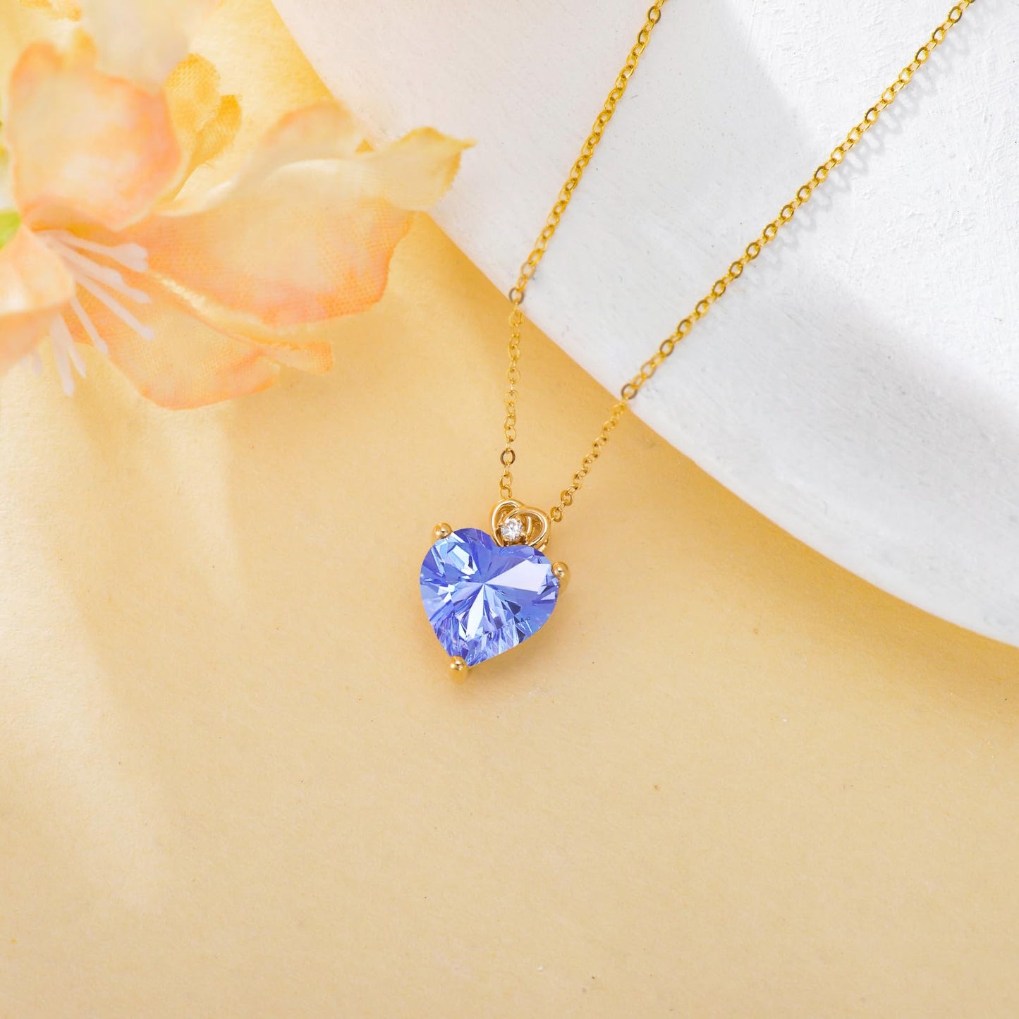 NFYBD 14k Gold Love Heart Tanzanite Birthstone Pendant Necklace for Women 3 Carat Heart-cut Created Gemstone Anniversary Birthday Mother's Day Necklaces for Her 16+1+1 inch