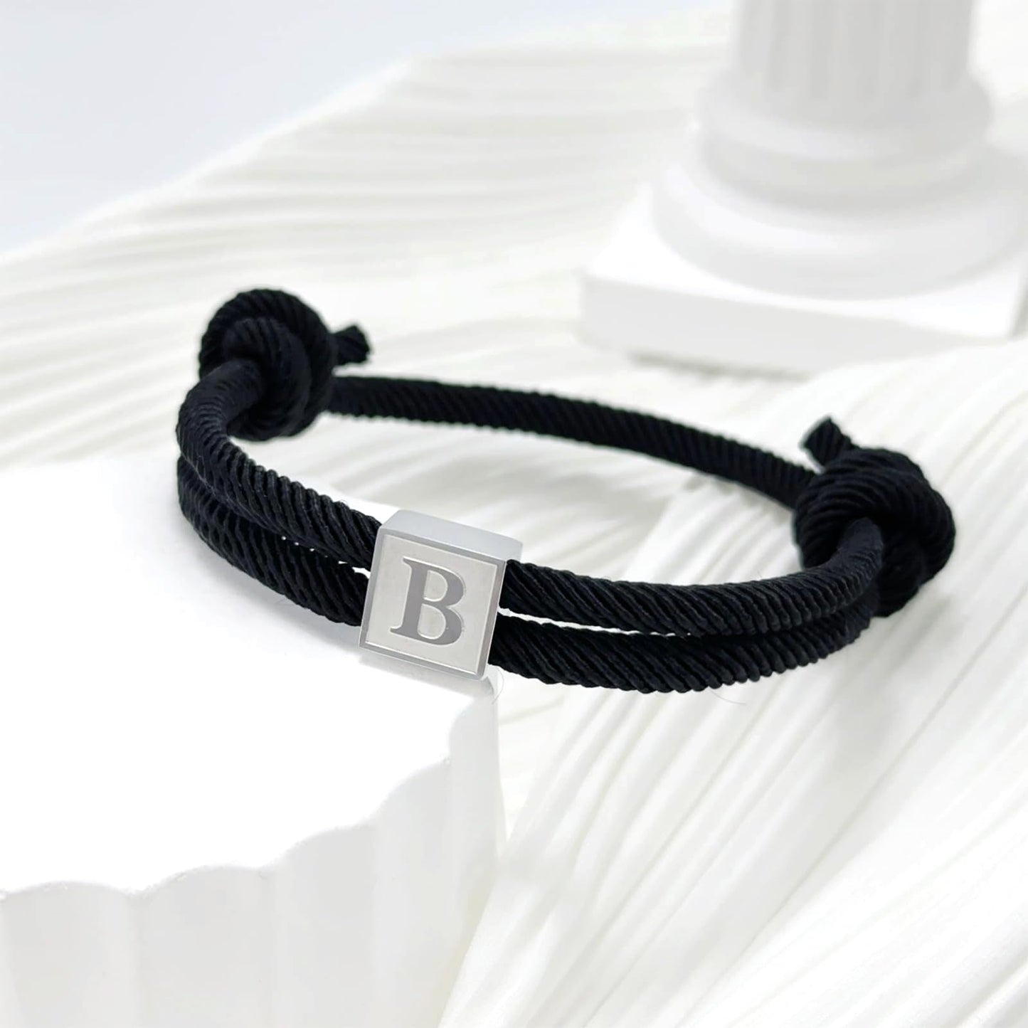 BHDJSHX Personalized Initial Rope Bracelet for Men, Stainless Steel A-Z Letter Bracelet,Adjustable Handmade Braided Black Cord,7-13 Inches,Gifts For Men,Brothers,Son,Boyfriend(K)