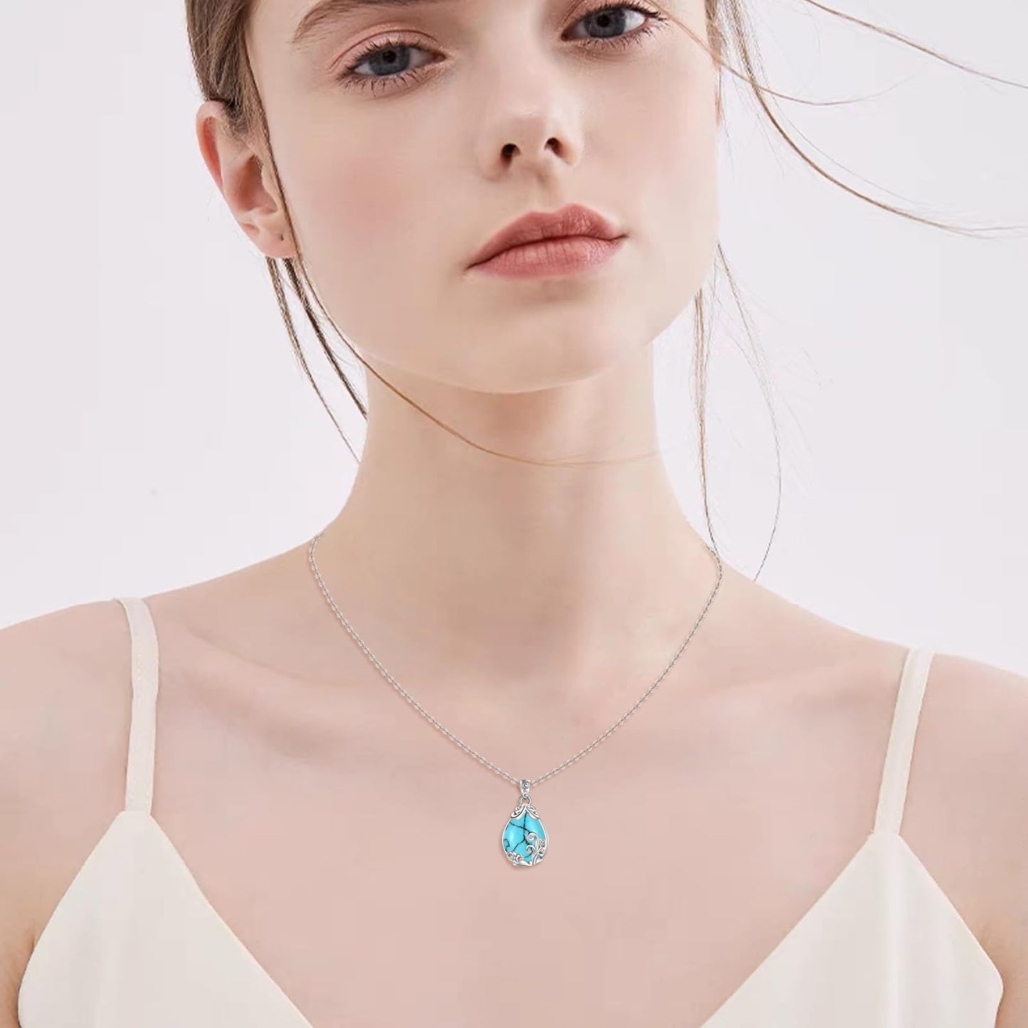 POPLYKE Sterling Silver Turquoise Filigree Teardrop Pendant Necklace Gemstone Crystal Jewelry for Women