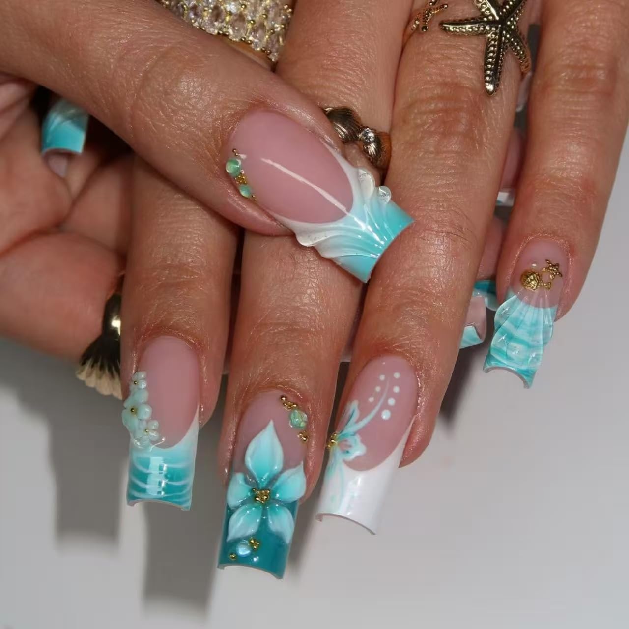 plalely Blue Press on Nails French Tip,Handmade Acrylic Press on French Tip Nails with Flower Designs，Long Square Nail Press Ons for Women 24pcs