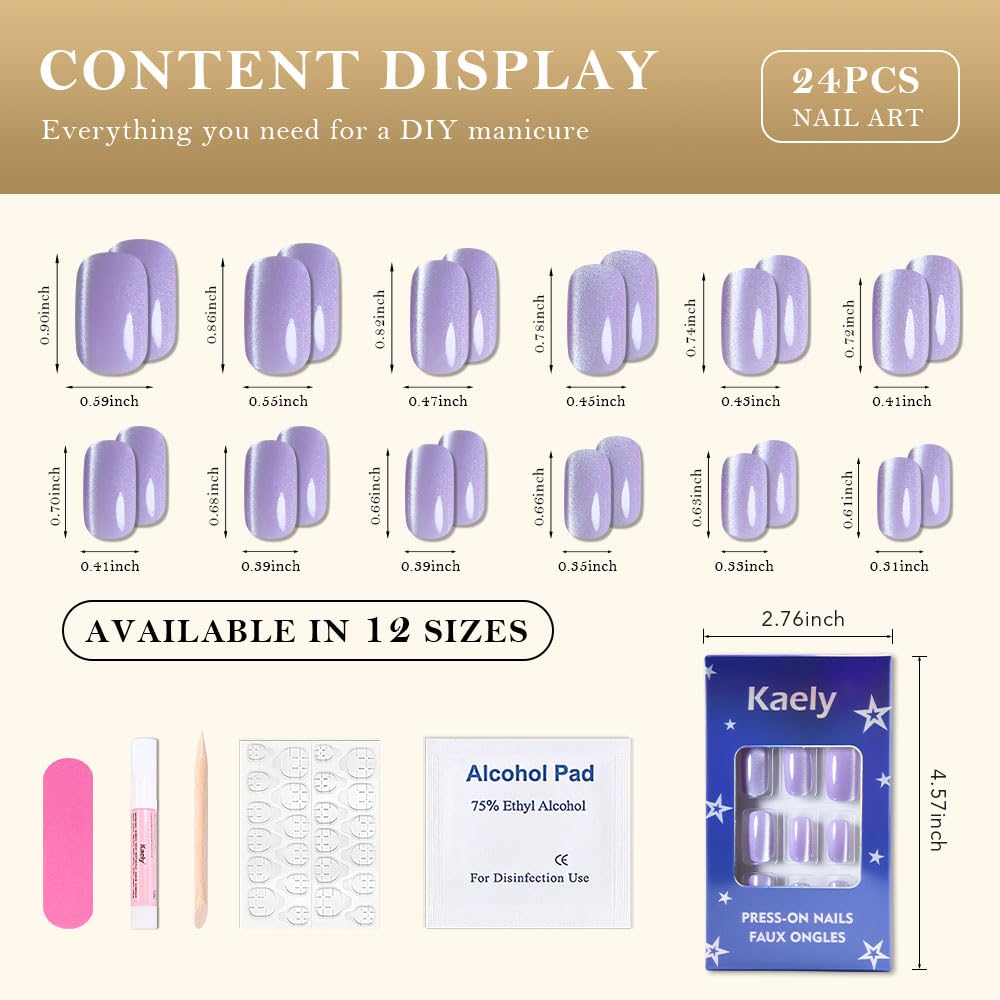 Orchid Purple Cat Eye Press on Nails Medium Square, Medium Square Press Stick on Nails Chrome for Women Gift, Orchid Holographic Glitter Glossy Reusable Acrylic Fake Nail with Cateye Effect Designs