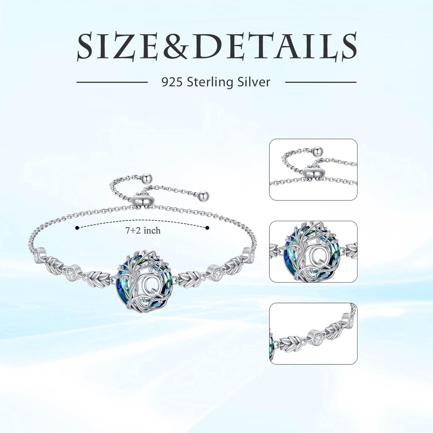 TOUPOP Tree of Life Initial Bracelet Sterling Silver Initials Q Letter Link Bracelets Blue Circle Crystal Family Tree Birthday Mothers Day Jewelry Gifts for Women Mom Wife