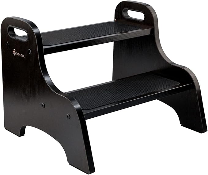 StrongTek Wood 2 Step Stool for Kids with Non-Slip Stepping Surface, Portable Handles, Skid Resistant Foot Pads, and 300 lbs. Capacity, Multipurpose Heavy-Duty Support (Espresso)