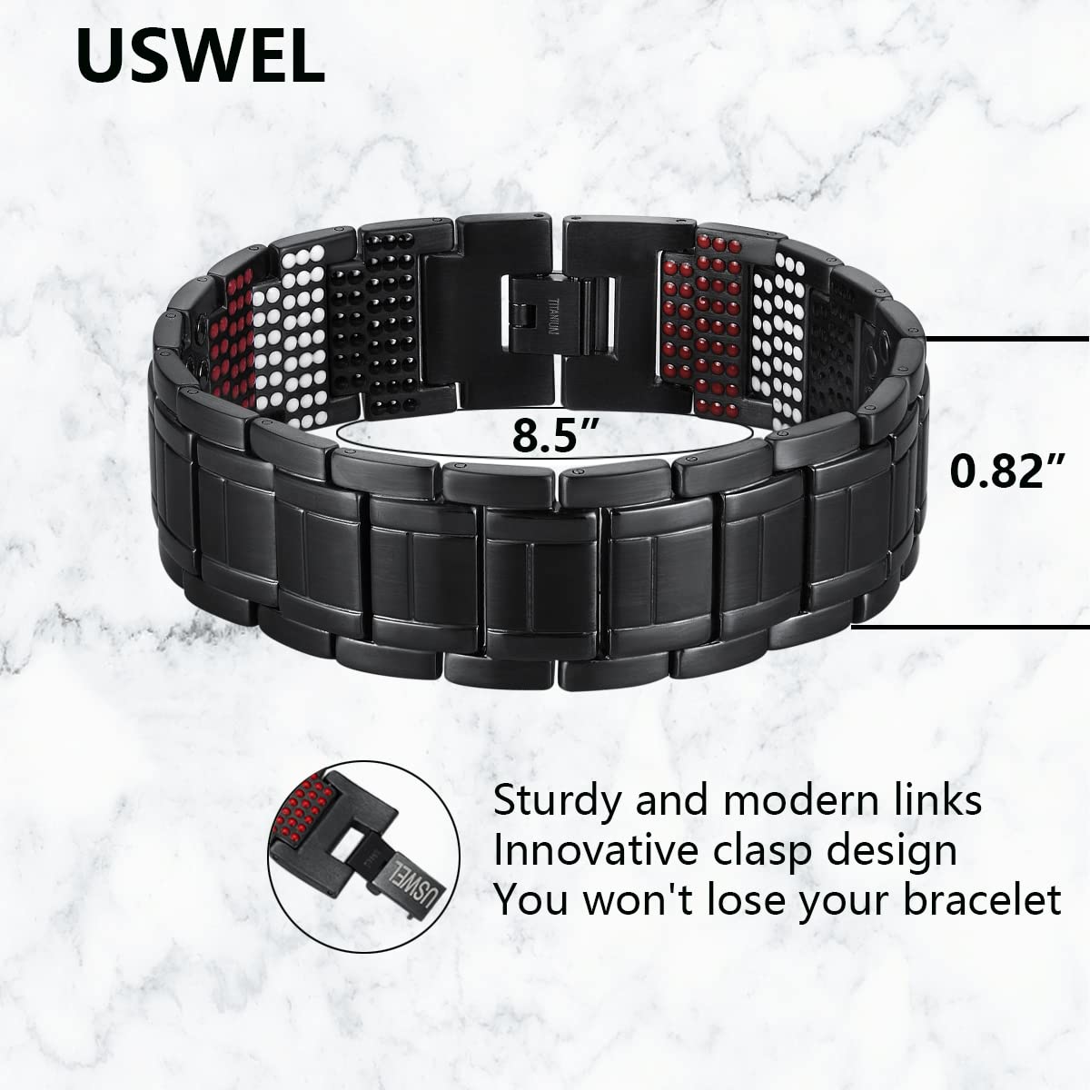 USWEL Strengthen Titanium/Copper Magnetic Bracelet Men's Bracelet with Black PVD Coating 613pcs Minerals Magnetic Wristband (Black)
