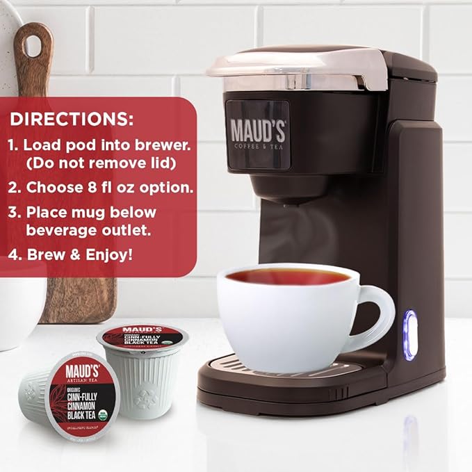 Maud's Organic Cinnamon Black Tea Pods, 44 ct, Recyclable Single Serve Tea Pods – 100% Gourmet Blended Tea Leaves, Compatible with Keurig K Cups Maker