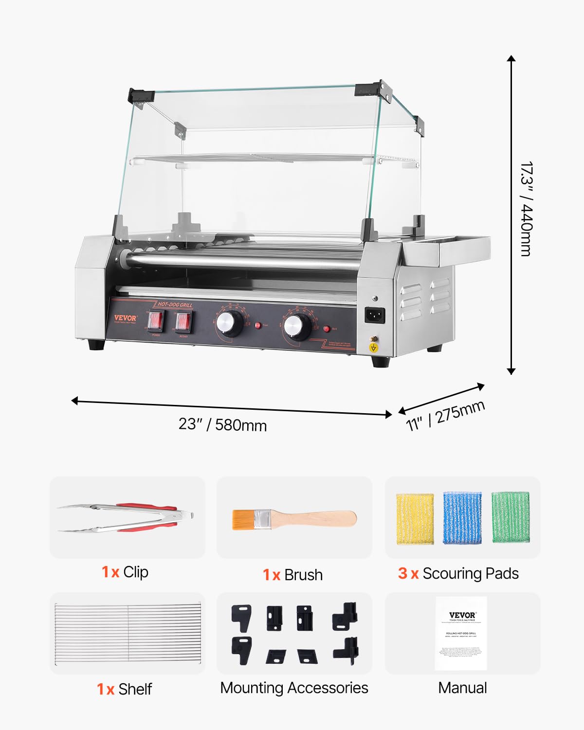 VEVOR Hot Dog Roller, 12 Hot Dog 5 Rollers, Stainless Steel Sausage Grill Cooker, 750W Commercial Hot Dog Machine with Dual Temp Control, Cover, Side Storage Box, Removable Shelf & Oil Drip Tray