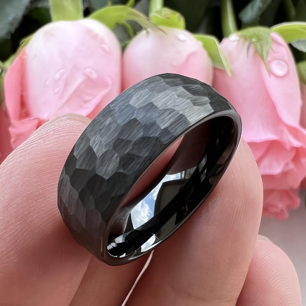 TUTISS 8mm Black Hammered Tungsten Rings for Men Women Fashion Engagement Wedding Bands Domed Matte Finish Comfort Fit Size 7