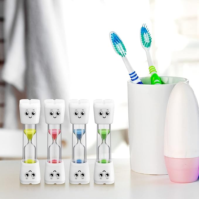 Weewooday 4 Pieces Toothbrush Timer for Kids 2 Minute Sand Timer Smile Pattern Tooth Brushing for Proper Tooth Brushing Boys Girls Oral Hygiene Party Favors(Blue, Pink, Yellow, Green)