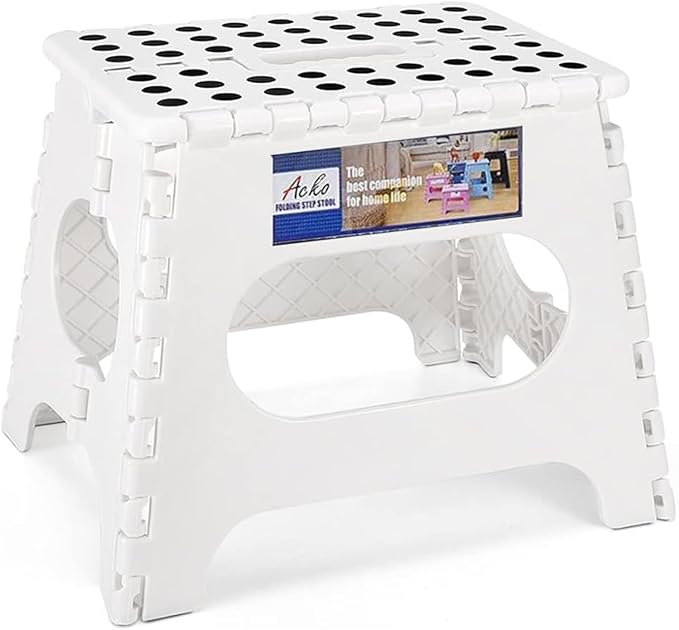 ACKO Folding Step Stool Foldable Step Stools for Kids, 11 Inch Foot Stool Black Plastic Step Stool with Portable Handle Small Stool Hold up to 300lbs for Bathroom, Kitchen White