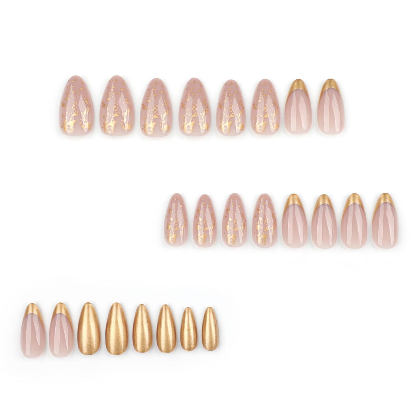 Medium Almond Press on Nails Gold French Tip Fake Nails Nude with Gold Foil Design Glossy Acrylic Glue on Nails Reusable Artificial Nail Full Cover Sticker on Nails for Women 24 Pcs